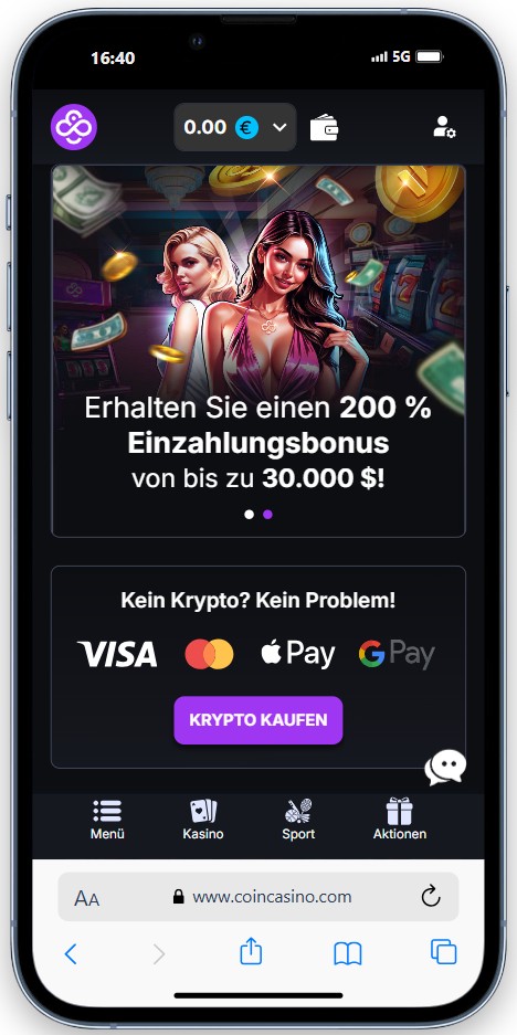 Screenshot der CoinCasino Website.