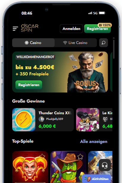 Oscarspin Casino Bonus bis zu 4.500€ plus 350 Freispiele für Neukunden. 