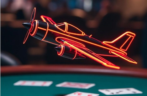 Bild mit rotem Flugzeug, das über einen Kartentisch fliegt.