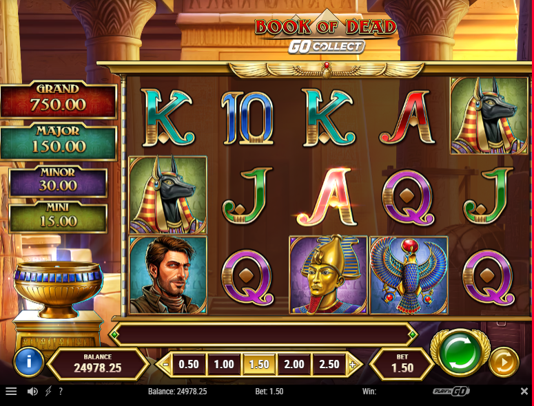 Spielfeld des neuen Spiels Book of Dead GO Collect von Play'n GO.