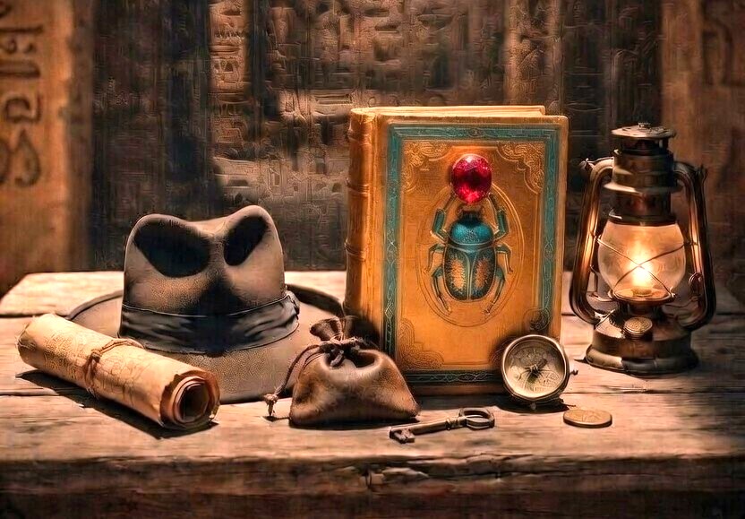 Ein Tisch, auf dem sich ein goldenes Buch mit einem Skarabäus und rotem Rubin befindet, einer Öllampe, einem Hut und weiteren Abenteurer-Gegenständen.