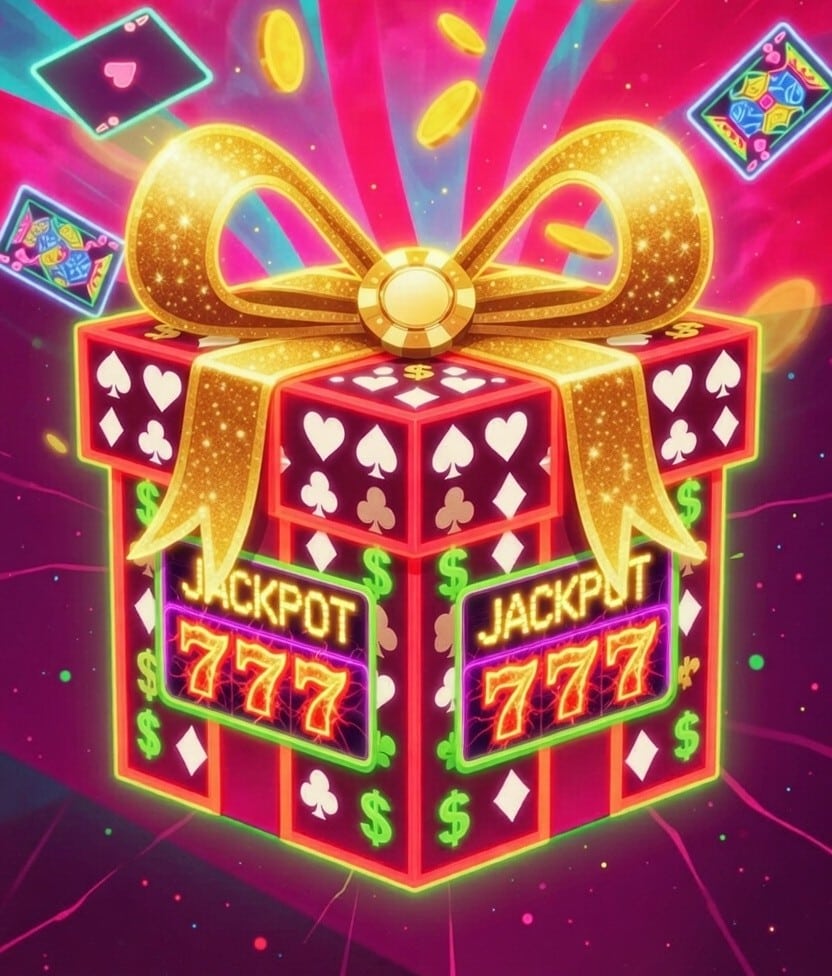 Rotes Geschenk mit Schleife und Jackpot.