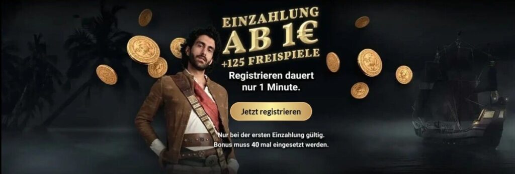 JackpotPiraten 125 Freispiele ab 1€ Einzahlung Bonus.