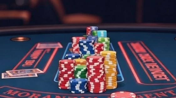 Bild von einem Pokertisch mit Chips und Spielkarten.