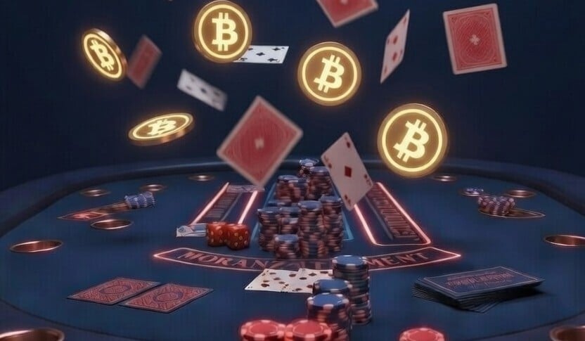 Casinotisch mit Bitcoin Münzen.