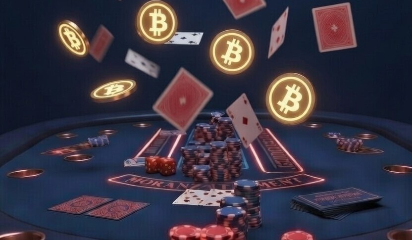 Bild mit Bitcoin Münzen und Spielkarten.