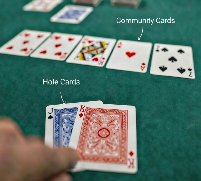 Foto von Hole Cards und Community Cards auf einem Poker Tisch.