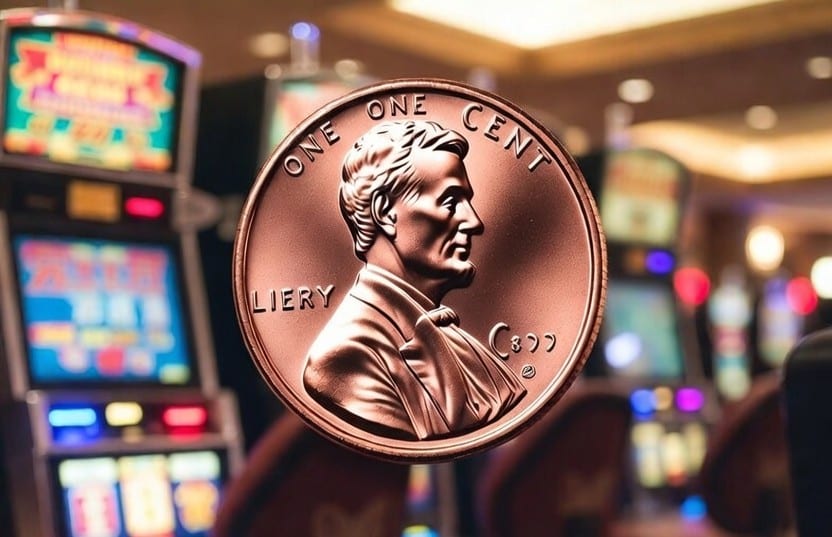 Ein Penny vor Spielautomaten in einem Casino.