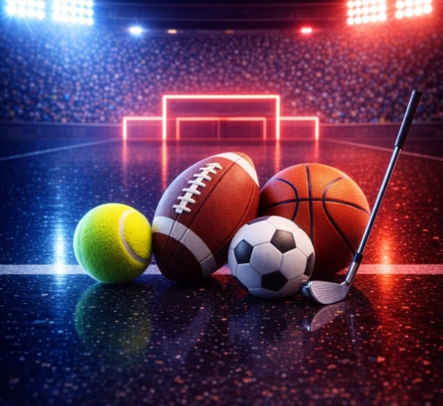 Bild von einem Fußball, Tennisball, American Football, Basketball und Golfschläger in einem Stadion.