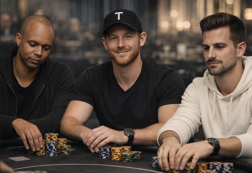 Phil Ivey, Jason Koon und ein weiterer Pokerspieler an einem Pokertisch bei einem Turnier.