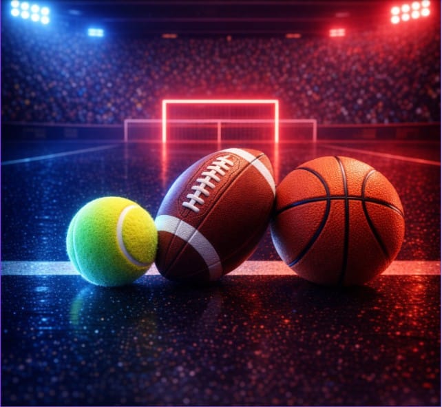 Bild von einem Tennisball, American Football und Basketball in einem Stadion.