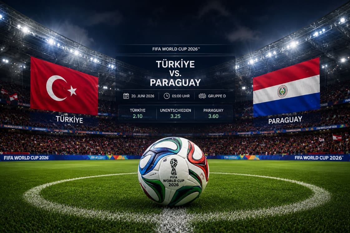 Bild eines WM-Stadions bei Nacht mit den Fahnen der Türkei und Paraguay auf gegenüberliegenden Seiten. Im Vordergrund ein WM-2026-Fußball.