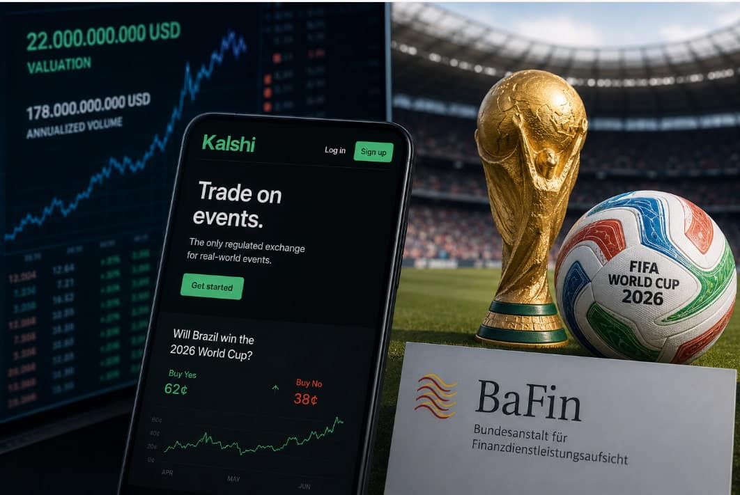 Illustration eines modernen Finanzmarktes mit einem Fußballstadion im Hintergrund: Auf digitalen Handelsbildschirmen werden Wahrscheinlichkeiten und Marktbewegungen angezeigt, während ein Fußball im Vordergrund die Verbindung zur FIFA-Weltmeisterschaft 2026 symbolisiert. Das Bild visualisiert den Aufstieg von Prediction Markets wie Kalshi an der Schnittstelle von Finanzhandel und Sportwetten.