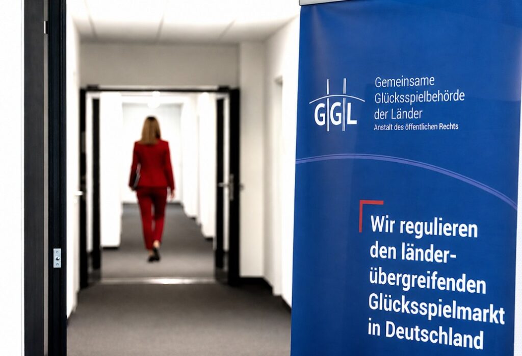 Eine Frau läuft an einem GGL-Banner vorbei.