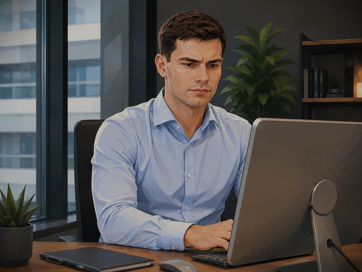 Ein Fondsmanager sitzt vor einem Computermonitor in einem modernen Büro mit ernster, leicht besorgter Miene.