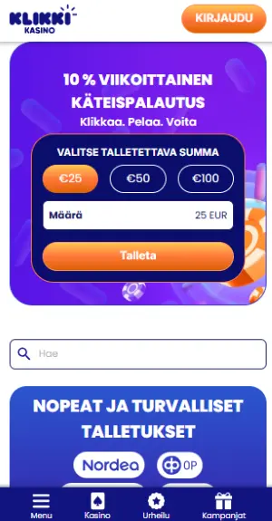 klikki kasino 10 % käteispalautus etusivu