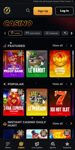 instant casino peliaula lobby