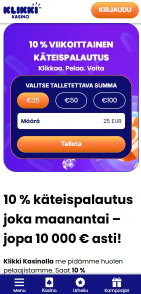 klikki kasino cashback 10 %
