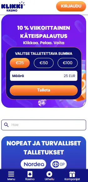 klikki kasinon viikoittainen 10% käteispalautus