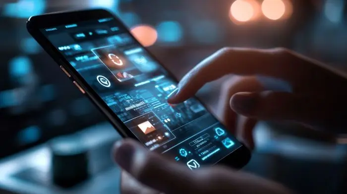 Käsi pitää mobiililaitetta, jonka näytöllä näkyy vastuullisen pelaamisen työkaluja digitaalisessa kasinoympäristössä.