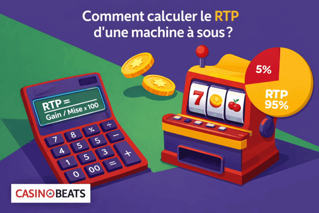 Illustration colorée sur le calcul du RTP d’une machine à sous avec une calculatrice, des pièces et un graphique circulaire.