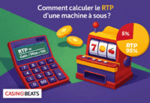 Illustration colorée sur le calcul du RTP d’une machine à sous avec une calculatrice, des pièces et un graphique circulaire.