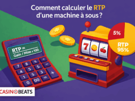 Illustration colorée sur le calcul du RTP d’une machine à sous avec une calculatrice, des pièces et un graphique circulaire.