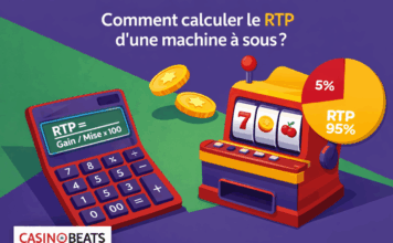 Illustration colorée sur le calcul du RTP d’une machine à sous avec une calculatrice, des pièces et un graphique circulaire.