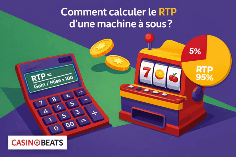 Illustration colorée sur le calcul du RTP d’une machine à sous avec une calculatrice, des pièces et un graphique circulaire.