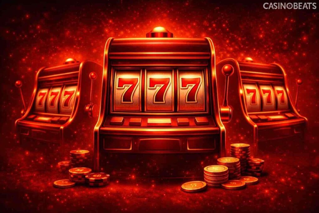 Machines à sous en ligne : trois slots rouges avec rouleaux “777” et quelques pièces, visuel sobre pour classement haut rendement.