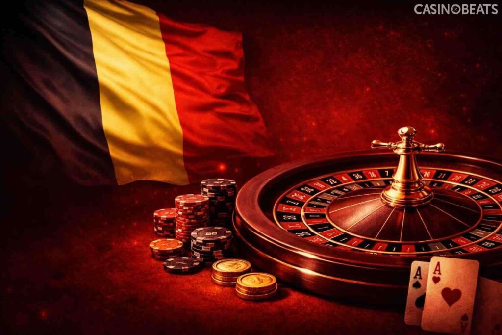 Casinos en ligne Belgique : roulette et jetons sur fond rouge foncé, avec drapeau belge en couleur dans un coin.
