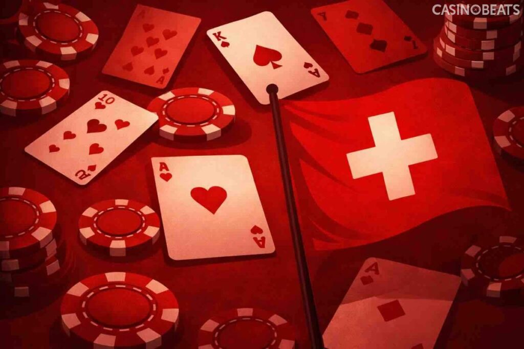 Jetons de casino et cartes de poker sur fond rouge foncé avec un drapeau suisse en couleur, illustration pour les meilleurs casinos en ligne en Suisse.