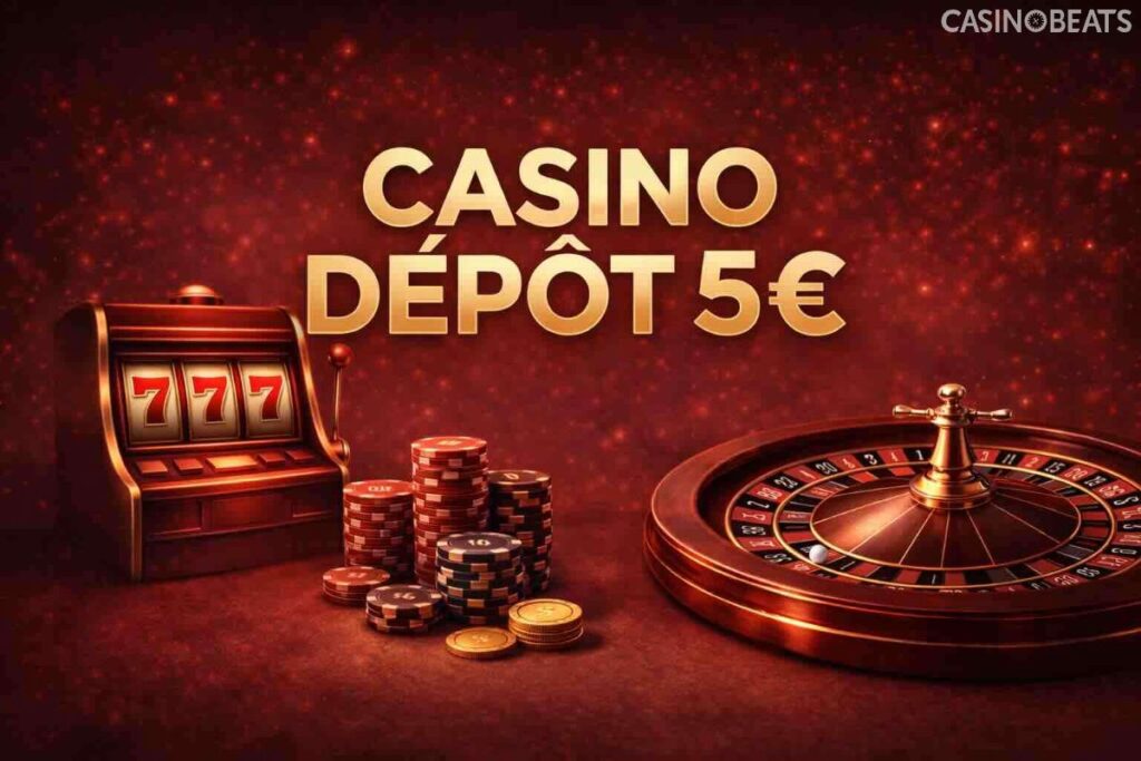 Casino dépôt 5€ : visuel rouge avec texte “CASINO DEPOT 5€”, machine à sous 777, roulette et piles de jetons.