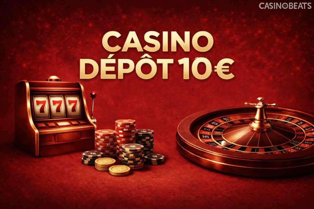Casino dépôt 10€ : visuel rouge avec texte “CASINO DÉPÔT 10 €”, machine à sous 777, roulette et piles de jetons.