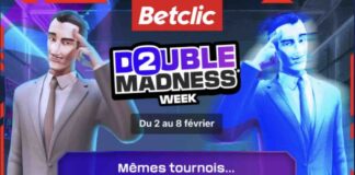 Visuel promo Betclic « Double Madness Week » avec deux personnages et le message « Garanties doublées » du 2 au 8 février.