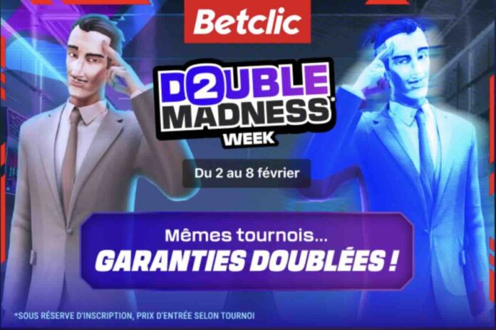 Visuel promo Betclic « Double Madness Week » avec deux personnages et le message « Garanties doublées » du 2 au 8 février.