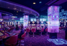 Salle de casino futuriste illustrant l’intégration des NFT et des technologies blockchain dans les casinos en ligne