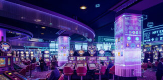 Salle de casino futuriste illustrant l’intégration des NFT et des technologies blockchain dans les casinos en ligne