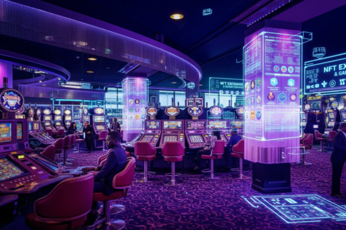 nft-et-casinos-en-ligne-revolution-ou-piege-marketing Salle de casino futuriste illustrant l’intégration des NFT et des technologies blockchain dans les casinos en ligne