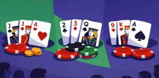 Illustration de trois mains de blackjack représentant différentes variantes, avec jetons et logo Casinobeats.