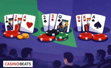 Illustration de trois mains de blackjack représentant différentes variantes, avec jetons et logo Casinobeats.