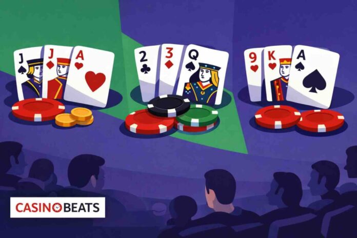 Illustration de trois mains de blackjack représentant différentes variantes, avec jetons et logo Casinobeats.