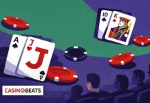 Apprendre à compter les cartes au blackjack : Guide 2026 Illustration d’une table de blackjack avec cartes et jetons, évoquant le comptage des cartes.