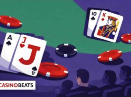 Illustration d’une table de blackjack avec cartes et jetons, évoquant le comptage des cartes.