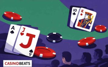 Illustration d’une table de blackjack avec cartes et jetons, évoquant le comptage des cartes.
