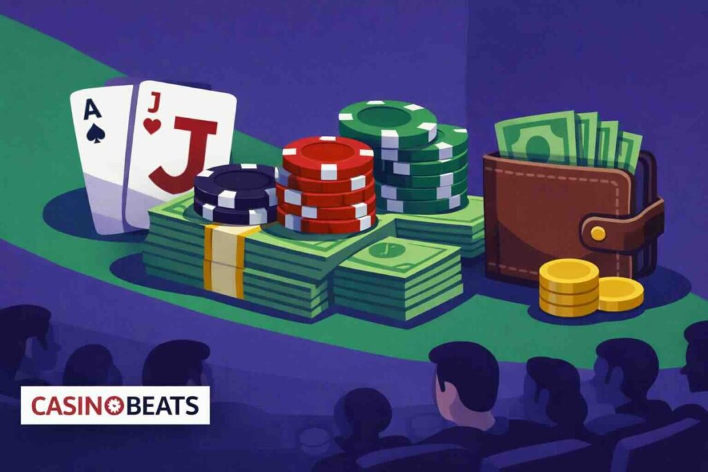 Illustration de comment gérer sa bankroll au blackjack avec jetons, liasses de billets et cartes, logo Casinobeats.