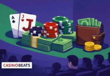 Illustration de comment gérer sa bankroll au blackjack avec jetons, liasses de billets et cartes, logo Casinobeats.