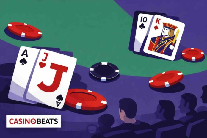 compter-cartes-blackjack Illustration d’une table de blackjack avec cartes et jetons, évoquant le comptage des cartes.