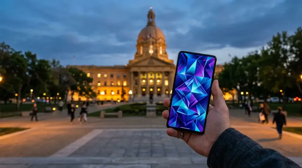 Alberta legislative building with smartphone representing iGaming regulation intersection