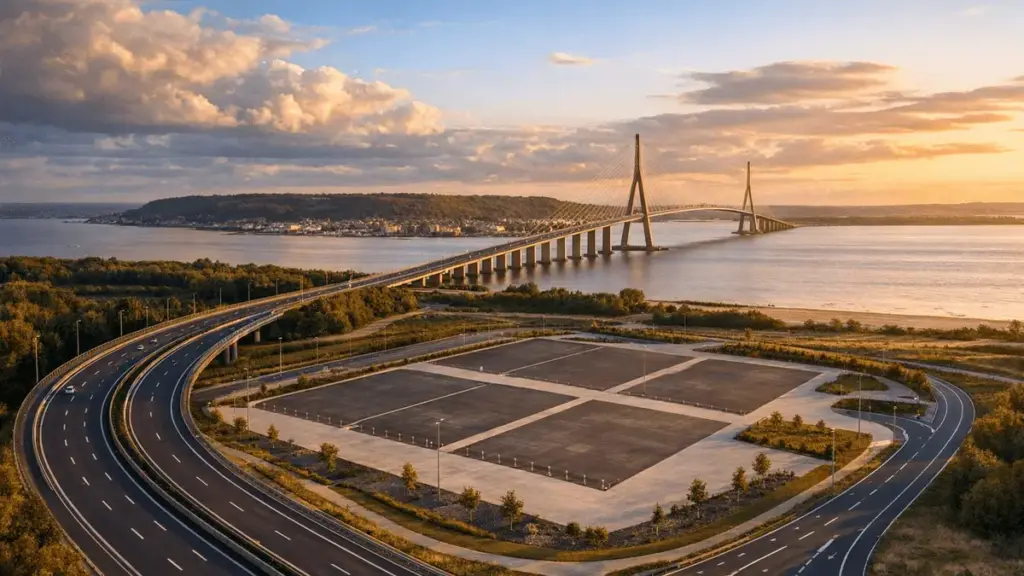 Aerial view of Pont de Normandie bridge and Honfleur development area where future casino is planned